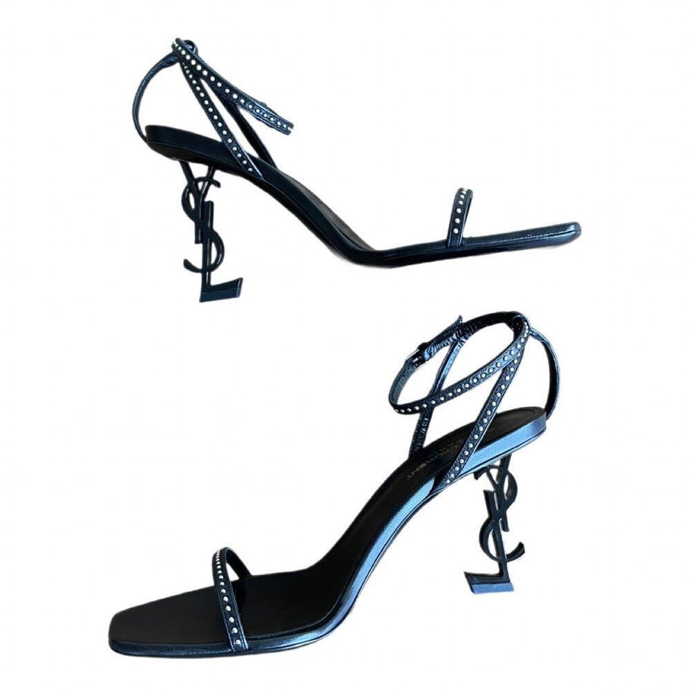 Saint Laurent Opyum 85 YSL Logo Open-Toe Heels Black Leather Tiny Studs SZ 39.5 - Picture 8 of 16